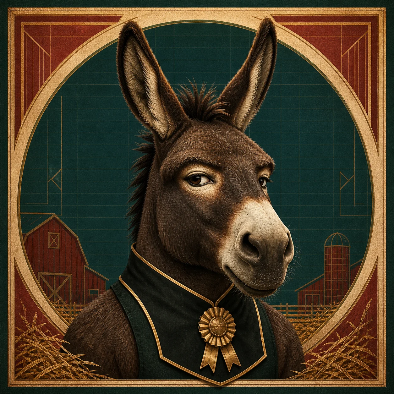 NFT-style portrait of Mr. Turnip Ledger, a dark brown donkey in an ornate show bib.